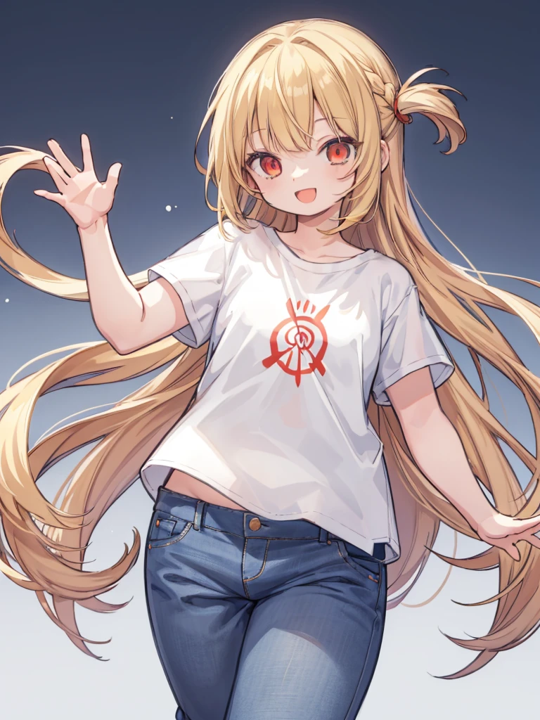 (masterpiece, best quality, highres:1.2), white background, simple background, 1girl, blonde hair, long hair, straight hair,  red eyes, smile, open mouth, waving, white t-shirt, short sleeves, jeans