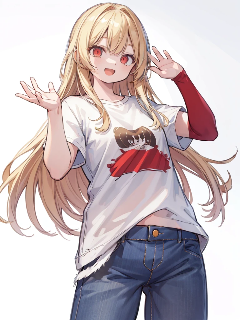 (masterpiece, best quality, highres:1.2), white background, simple background, 1girl, blonde hair, long hair, straight hair, red eyes, smile, open mouth, waving, white t-shirt, short sleeves, jeans