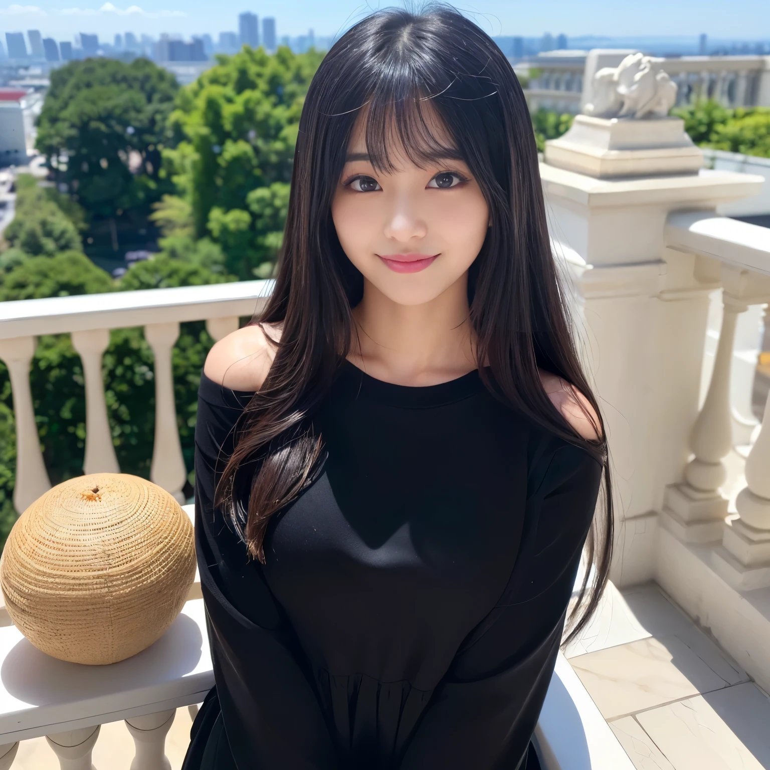 (Best-quality, Masterpiece, Ultra-High-Resolution, (Photorealistic:1.4), Raw Photo, depth of field, professional lighting, perfect anatomy, extremely details), ((((Magnificent-view)))), ((on balcony at luxury-hotel)), 1girl, -yeld, thost famous Japanese-idol, dynamic-pose, wearing casual-clothes with cute-design, looking at viewer, ((innocent-smile)), ((extremely cute and extremely childish face like the most popular Japanese-idol, ((extremely cute and extremely big black-eyes)), extremely beautiful black-long-hair, (((extremely beautiful and extremely realistic skins))), extremely cute lips, extremely cute long-eyelashes, extremely skinny body))