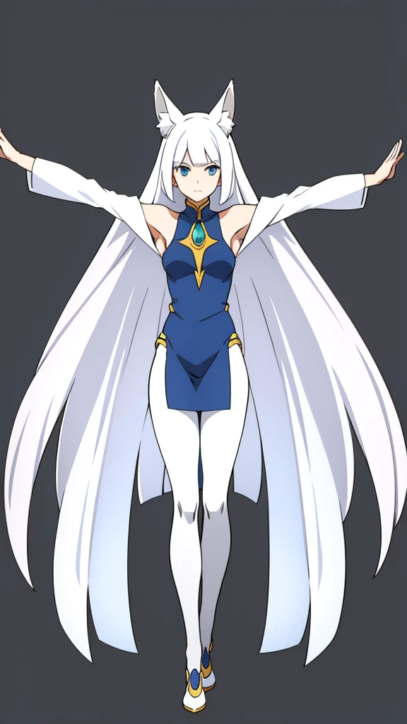 1girl ,solo,20s,mature female,white hair,long hair,fox ears,(simple background),white leggings,outstretched arms, standing,Lusamine hair