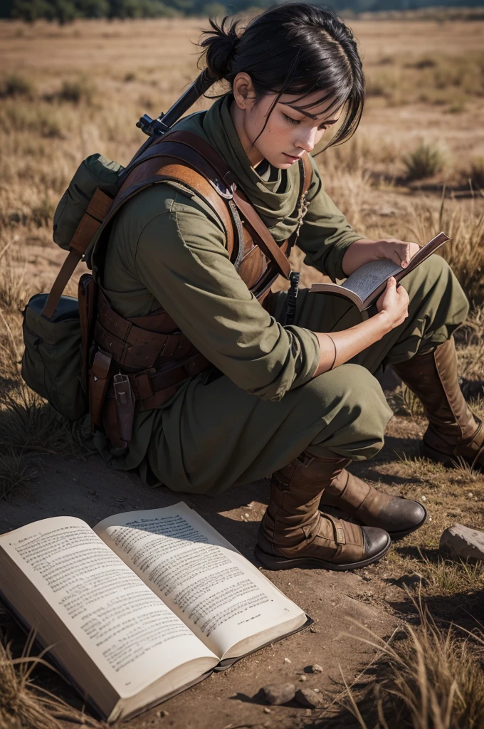A warrior reading the Bible on the battlefield