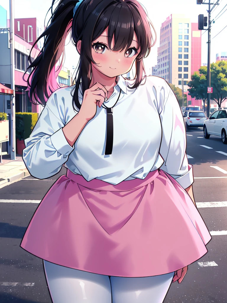 (cowboy shot), colorful, (ultra-high resolution, depth of field:1.2), 1woman, medium breasts, (tan skin:1.4), (brown eyes), (long straight black hair), ponytail, bangs, white, (white casual shirt:1.4), light blue necklace, (pink skirt:1.1), (light blue stripes), (black pantyhose), gentle smile, urban scenery