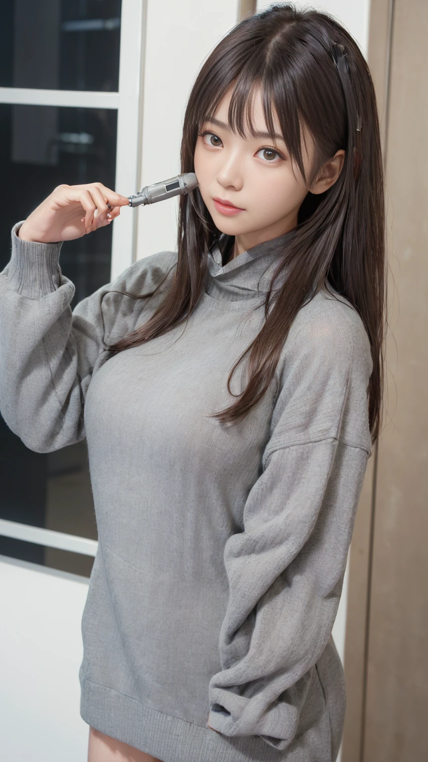 masterpiece、((Grey sweater))、 ((Plug Suit)), ((beautiful girl:1.2))、I'No arms.、Mechanized body、Mechanized chest and abdomen、Mechanized back of the head、Mechanical leg rack metallic suit for a perfect fit、 Are standing、、金属robot、((Cyberpunk Background))、(Neon Light)、(Futuristic Machine Factory Background)、Cyberdyne、Artificial body、All-metal body、Ironwork、Abdominal Mechanism、((robotアームとハンド))、((robotの足))、((Machine Neck))、Inside the spaceship、beautiful girl、16 yearBeauty, (The actuator and cables are exposed from the abdomen..、金属製robotの首から胴体までつながっている、Complex 3d rendering beautiful porcelain profile super detailedd female android face、cyborg、robot部品、150mm、Beautiful studio soft light、Rim Light、Sharp details、Gorgeous Cyberpunk、Ren Hao、超Realistic、Anatomical、Facial muscles、Cable Wire Microchip、elegant、Beautiful background、Octane Rendering、HR Giger Style、8k、Highest quality、masterpiece、Awareness-raising、Very delicate and beautiful、 非常にdetailedなCG、Unity、wallpaper、(Realistic、Photorealistic:1.37)、wonderful、detailed、masterpiece、Highest quality、Official Art、Highly detailedd CG Unity 8k wallpaper、Absurd、incredibly Absurd、、robot、Silver beads、Whole Body Ezbian、Sit on