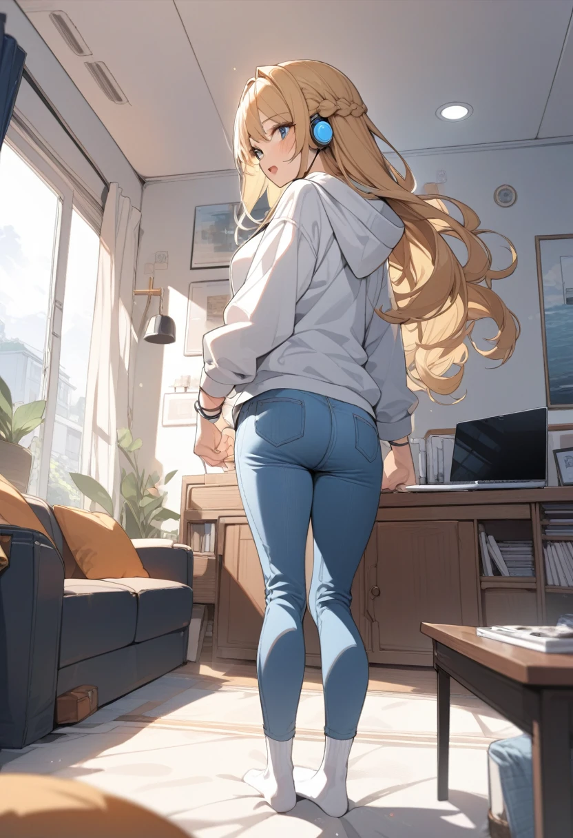 masterpiece, best quality, extremely detailed, ultra detailed, flat anime, 2D,
1girl, (young adult:1.2),blonde hair, (semi-long hair:1.2), curly hair, french braid, medium breasts, tsurime, height 1.7meters,
white hooded sweatshirt, jeans, earring,bracelet, long sleeves, ((Bluetooth small earphone)),socks,
Back view of a laptop computer,Operating a laptop computer,
from behind, full body, ((looking back)), open mouth, looking at another,
summer, livingroom, 12AM., standing
