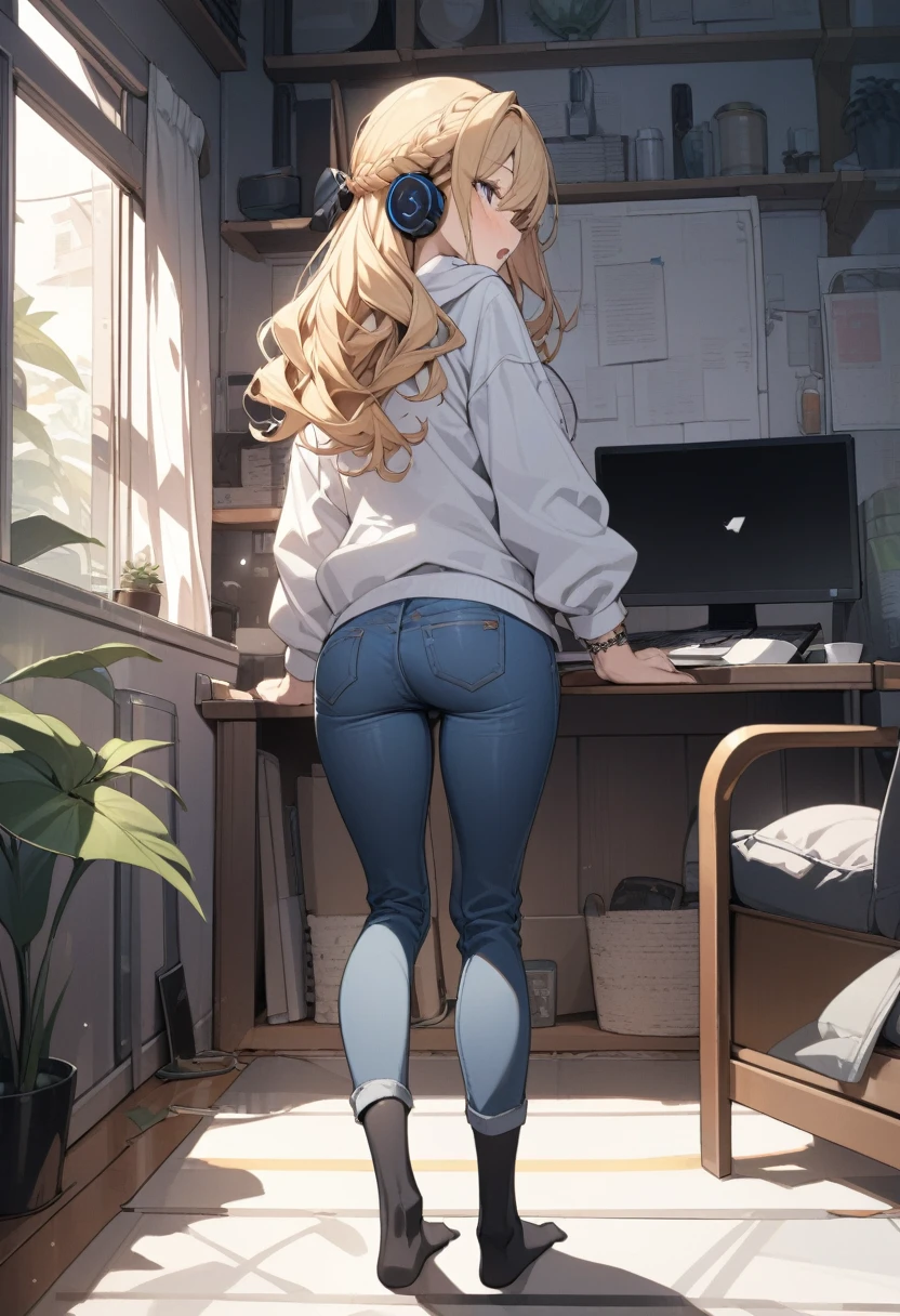 masterpiece, best quality, extremely detailed, ultra detailed, flat anime, 2D,
1girl, (young adult:1.2),blonde hair, (semi-long hair:1.2), curly hair, french braid, medium breasts, tsurime, height 1.7meters,
white hooded sweatshirt, jeans, earring,bracelet, long sleeves, ((Bluetooth small earphone)),socks,
Back view of a laptop computer,Operating a laptop computer,
from behind, full body, ((looking back)), open mouth, looking at another,
summer, livingroom, 12AM., standing