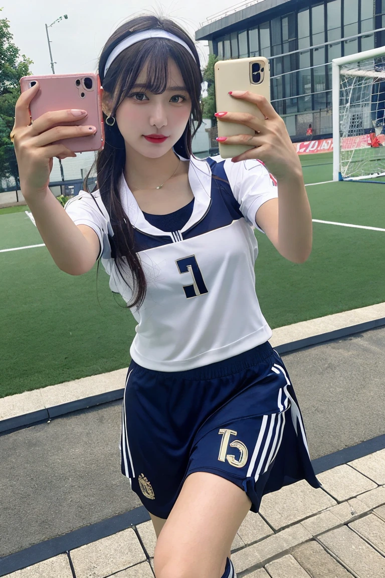 1 beautiful girl , masterpiece, high quality, best quality, extremely detailed,(((wearing navy soccer wear))) , long skirt, highly detailed, photorealistic, (selfie:1.5),　hairband ,((Ample Breasts)), Diminutive Height