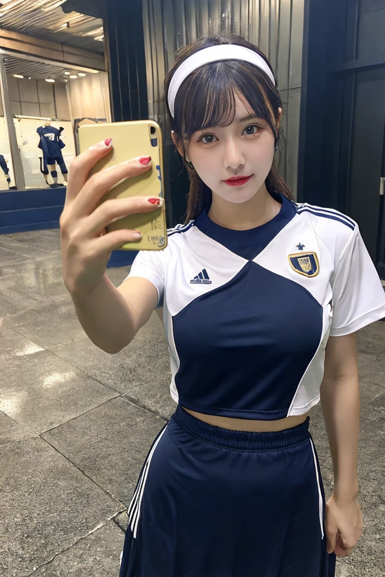 1 beautiful girl , masterpiece, high quality, best quality, extremely detailed,(((wearing navy soccer wear))) , long skirt, highly detailed, photorealistic, (selfie:1.5), hairband ,((Ample Breasts)), Diminutive Height