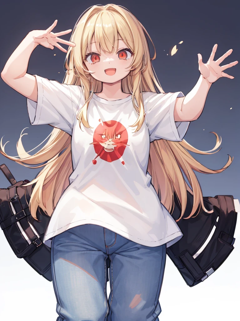 (masterpiece, best quality, highres:1.2), white background, simple background, 1girl, blonde hair, long hair, straight hair,  red eyes, smile, open mouth, waving, white t-shirt, short sleeves, jeans