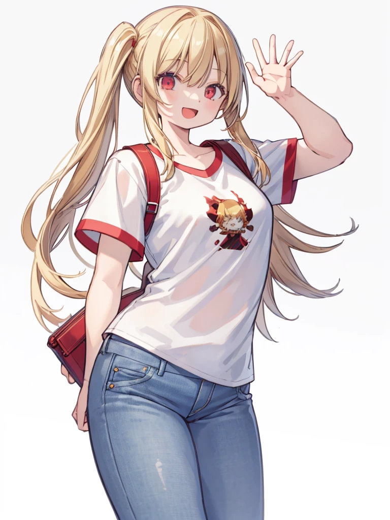 (masterpiece, best quality, highres:1.2), white background, simple background, 1girl, blonde hair, long hair, straight hair,  red eyes, smile, open mouth, waving, white t-shirt, short sleeves, jeans