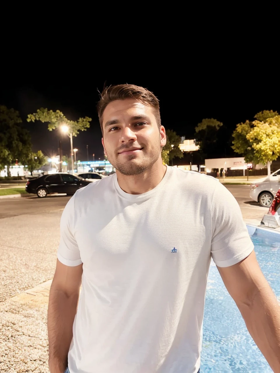very handsome guy, wearing casual clothes, has brown smooth hair, brown eyes, has a serious expression and is muscular, full body, watercolor style