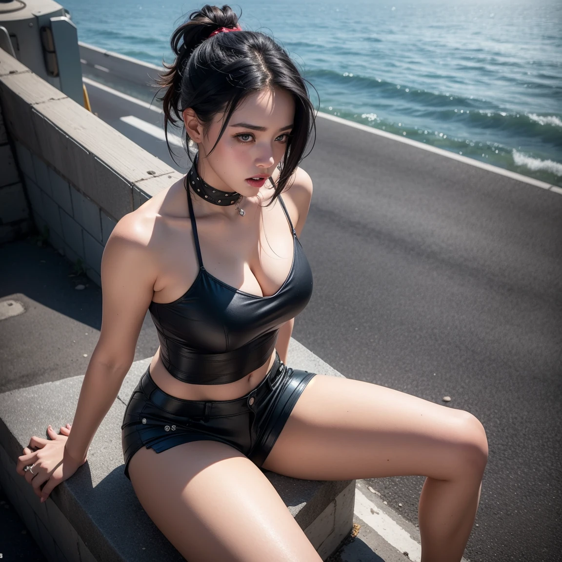 high angle, american shot, high quality, masterpiece photorealistic cinematography 8k, teenage woman with very dark blue-black hair, punk style hairstyle, sad expression, biting your lip, sitting looking towards the horizon, fitted black leather shorts, thick thighs, sensual dream body wide legs, natural texture,beautiful and perfect eyes of steel color,