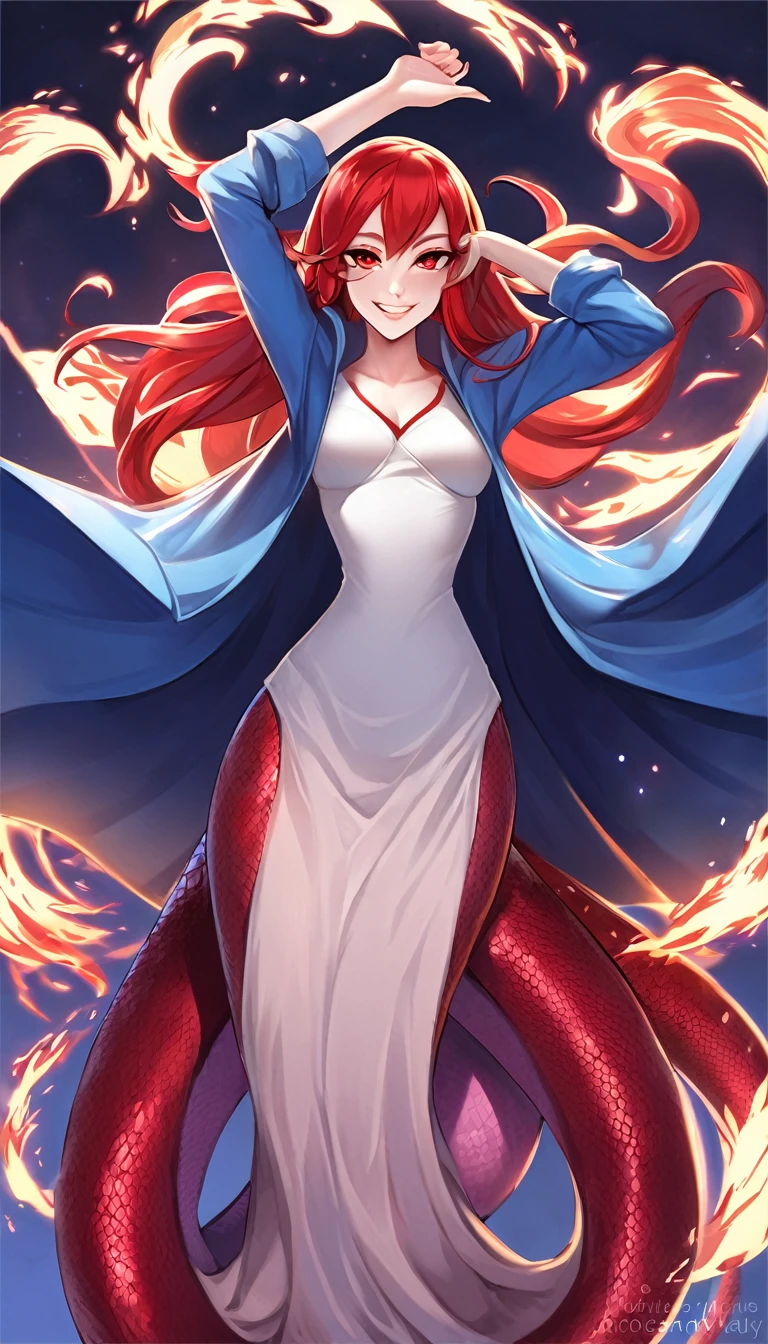 anime fantasy art style, a Goddess Lamia, flaming ruby red hair, long and flowing, beautiful bright red eyes, wearing a blue coat and stylish white t-shirt, hourglass body, looking at the viewer with a smile and posing with open arms. Detailed design, high quality, dynamic light