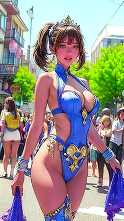 Highest quality, Official Art, masterpiece, Fabric Shading, High resolution, Very detailed, colorful, Best details, Fantasy, High leg samba costume:1.5, Yuki Mori:1.5, 1 female, Age 25, Brown Hair, Short Hair, Twin tails,Naturally flowing bangs, puffy nipple, Walking in a parade, A castle town with an old castle view, sunny, Large Breasts, skinny, Being surrounded by many people:1.9, Confetti falling, Blessed, welcome:1.5, Camel Toe:1.7, Ground level shot:,