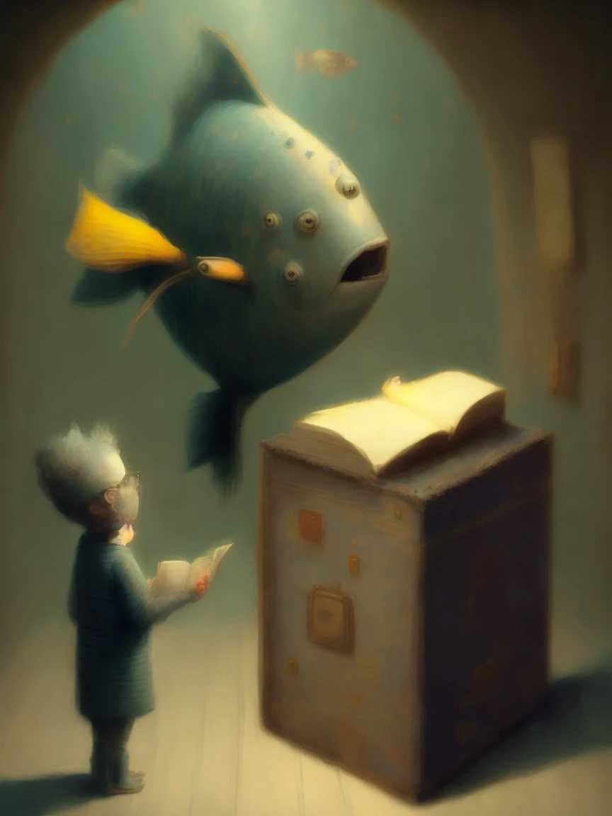 a painting of a fish with a book in it's mouth and a star flying out of it's mouth by Shaun Tan