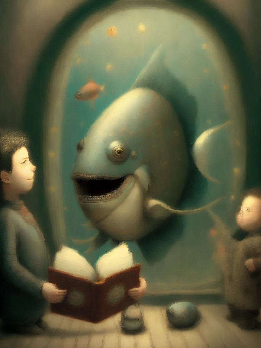 a painting of a fish with a book in it's mouth and a star flying out of it's mouth by Shaun Tan