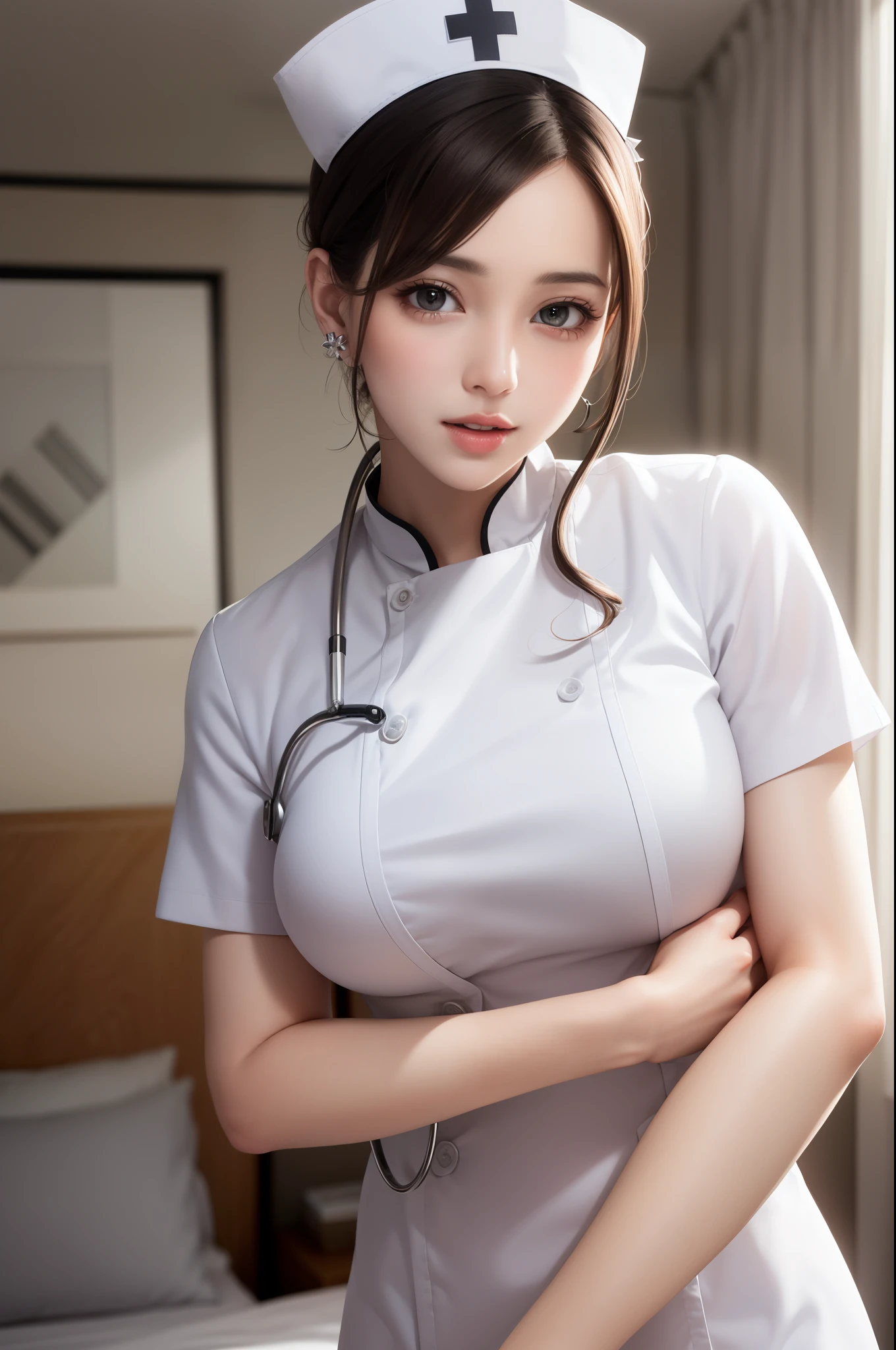 (masterpiece,ultra-detailed,best quality,8K,CG,illustration,shaved:1.0),(1girl:1) 、Dark Room、bedroom、Sexy gestures and faces、Sexy, jyojifuku,nurse