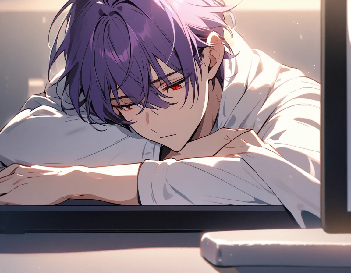 Handsome, Solitary, 1 male, Purple Hair, Red Eyes, White shirt, Light-colored coat,Quiet face, Sleeping on the table,The light from the display screen shone on his face