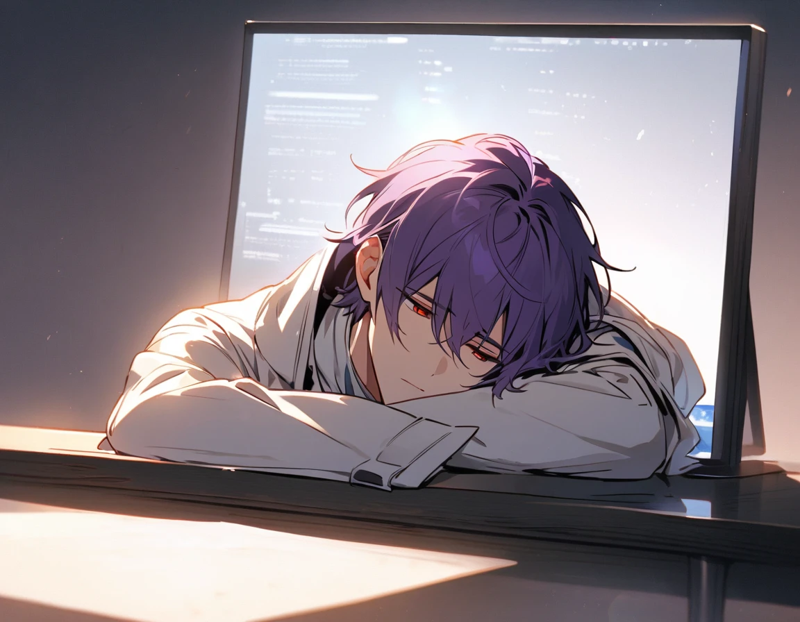 Handsome, Solitary, 1 male, Purple Hair, Red Eyes, White shirt, Light-colored coat,Quiet face, Sleeping on the table,The light from the display screen shone on his face