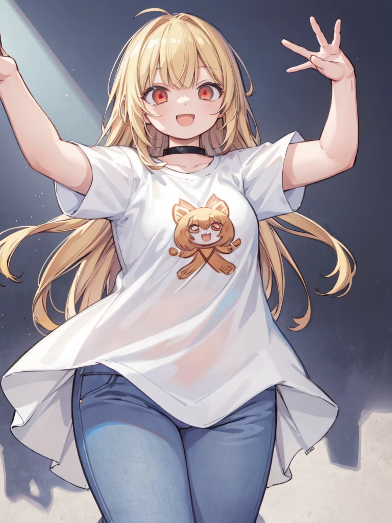 (masterpiece, best quality, highres:1.2), white background, simple background, 1girl, blonde hair, long hair, straight hair,  red eyes, smile, open mouth, waving, white t-shirt, short sleeves, jeans