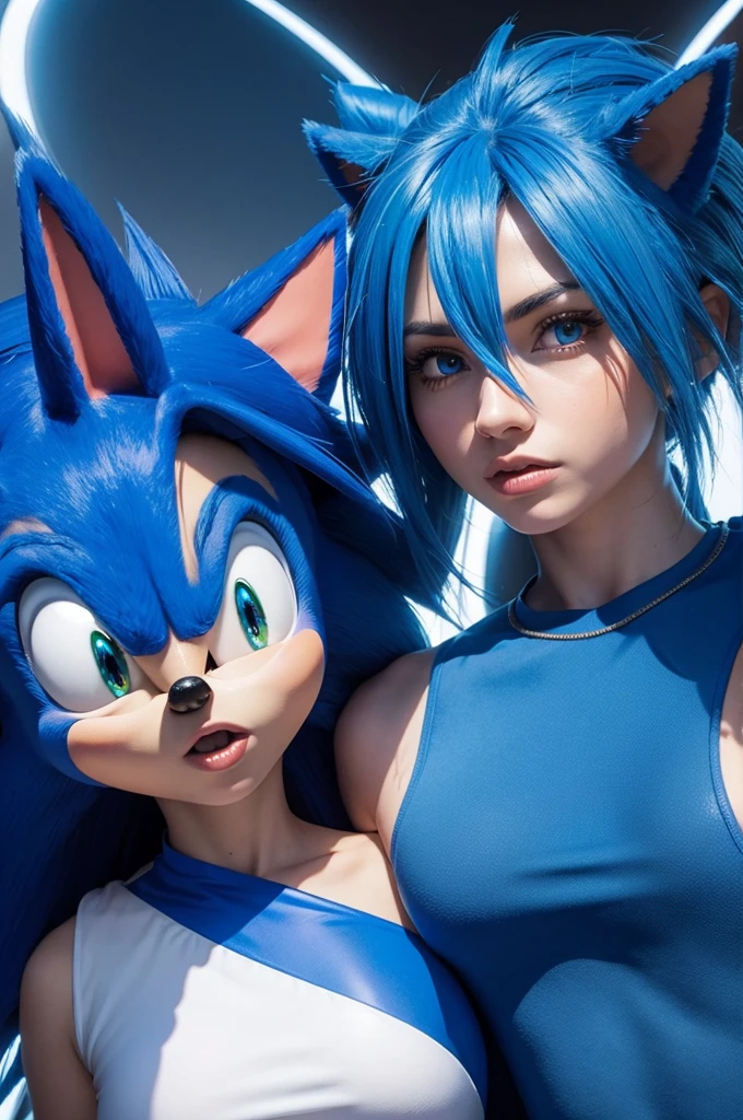Sonic character, blue hedgehog, with a woman's upper lip
