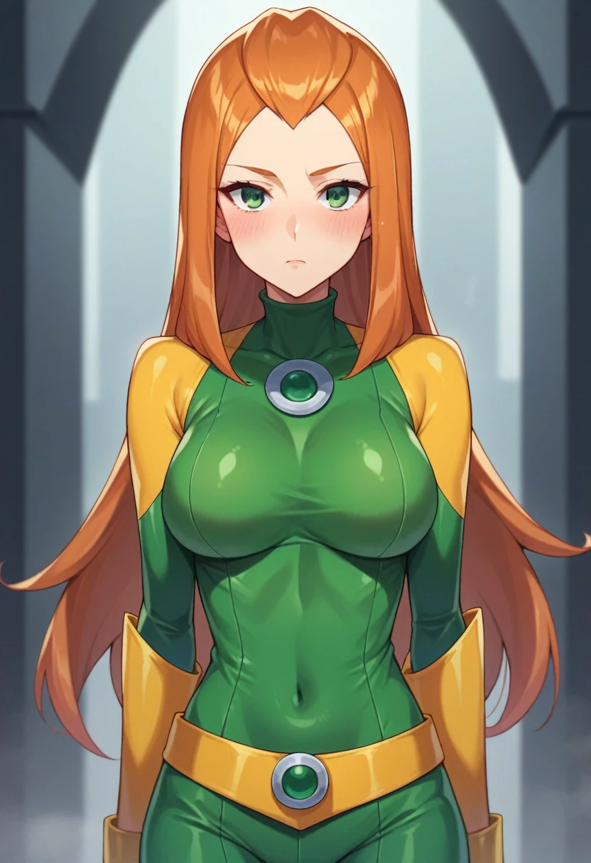 score_9, score_8_up, score_7_up, score_6_up, score_5_up, score_4_up, BREAK source_anime, 1girl, sam \(totally spies\), orange hair, long hair, green eyes, green bodysuit, belt, blush, expressionless, fall, blurry foreground 