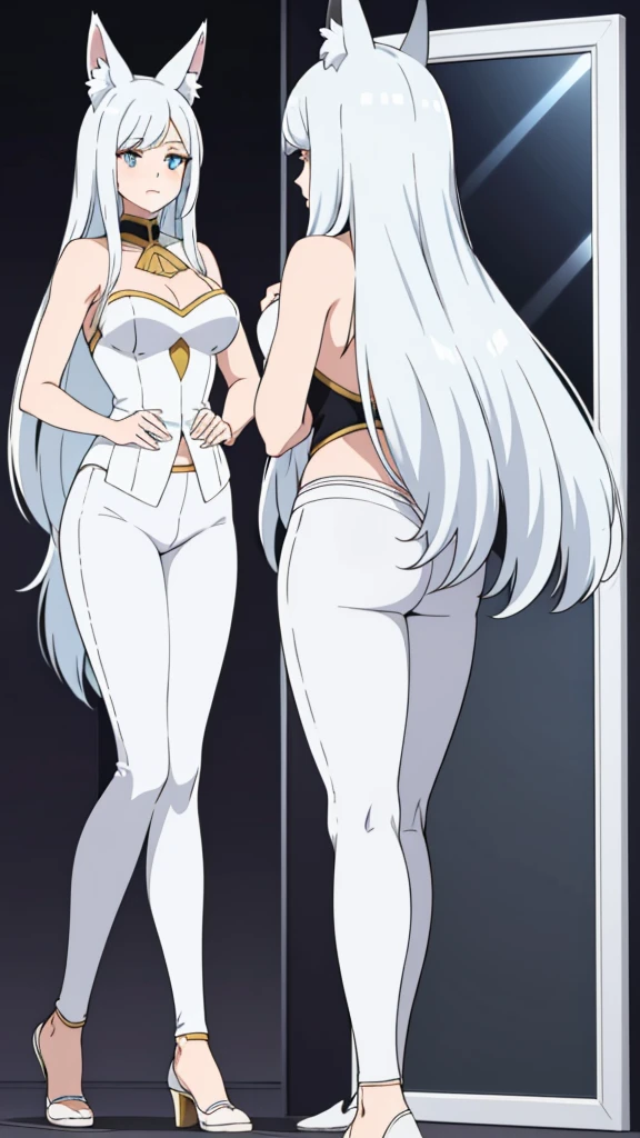 1girl ,solo,20s,mature female,white hair,long hair,fox ears,(simple background),white leggings,mirror,Lusamine hair