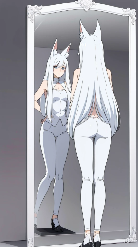 1girl ,solo,20s,mature female,white hair,long hair,fox ears,(simple background),white leggings,mirror,Lusamine hair