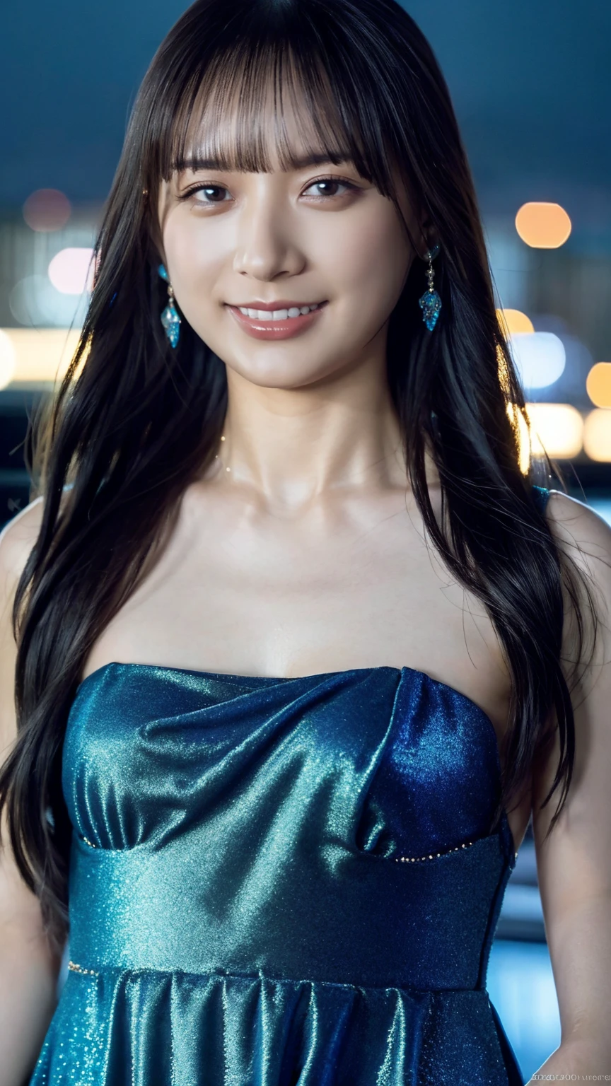1girl,(wearing a blue glittery evening dress:1.2),(RAW photo, best quality), (realistic, photo-realistic:1.4), masterpiece, an extremely delicate and beautiful, extremely detailed, 2k wallpaper, Amazing, finely detail, extremely detailed CG unity 8k wallpaper, ultra-detailed, highres, soft light, beautiful detailed girl, extremely detailed eyes and face, beautiful detailed nose, beautiful detailed eyes,cinematic lighting,city lights at night,perfect ???????,slender body,light smile,close up,(long hair with bangs), big breast
