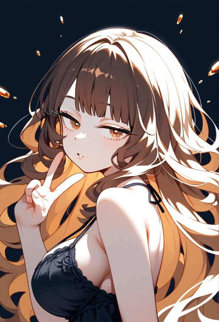 masterpiece, Score_9, Score_8_up, Score_7_up, rear view, 1 woman, alone, brown hair, long curly hair, split bangs, honey eyes, half-closed eyes, parted lips, expressionless, pale skin, large breasts, upper body, Black nightdress with V-neckline, black background, best quality, long and split bangs, boku no Hero academia ,Whole body
