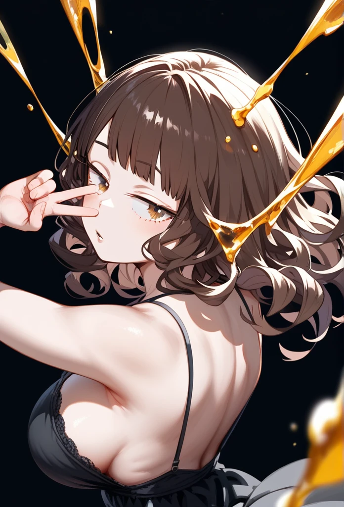 masterpiece, Score_9, Score_8_up, Score_7_up, rear view, 1 woman, alone, brown hair, long curly hair, split bangs, honey eyes, half-closed eyes, parted lips, expressionless, pale skin, large breasts, upper body, Black nightdress with V-neckline, black background, best quality, long and split bangs, boku no Hero academia ,Whole body
