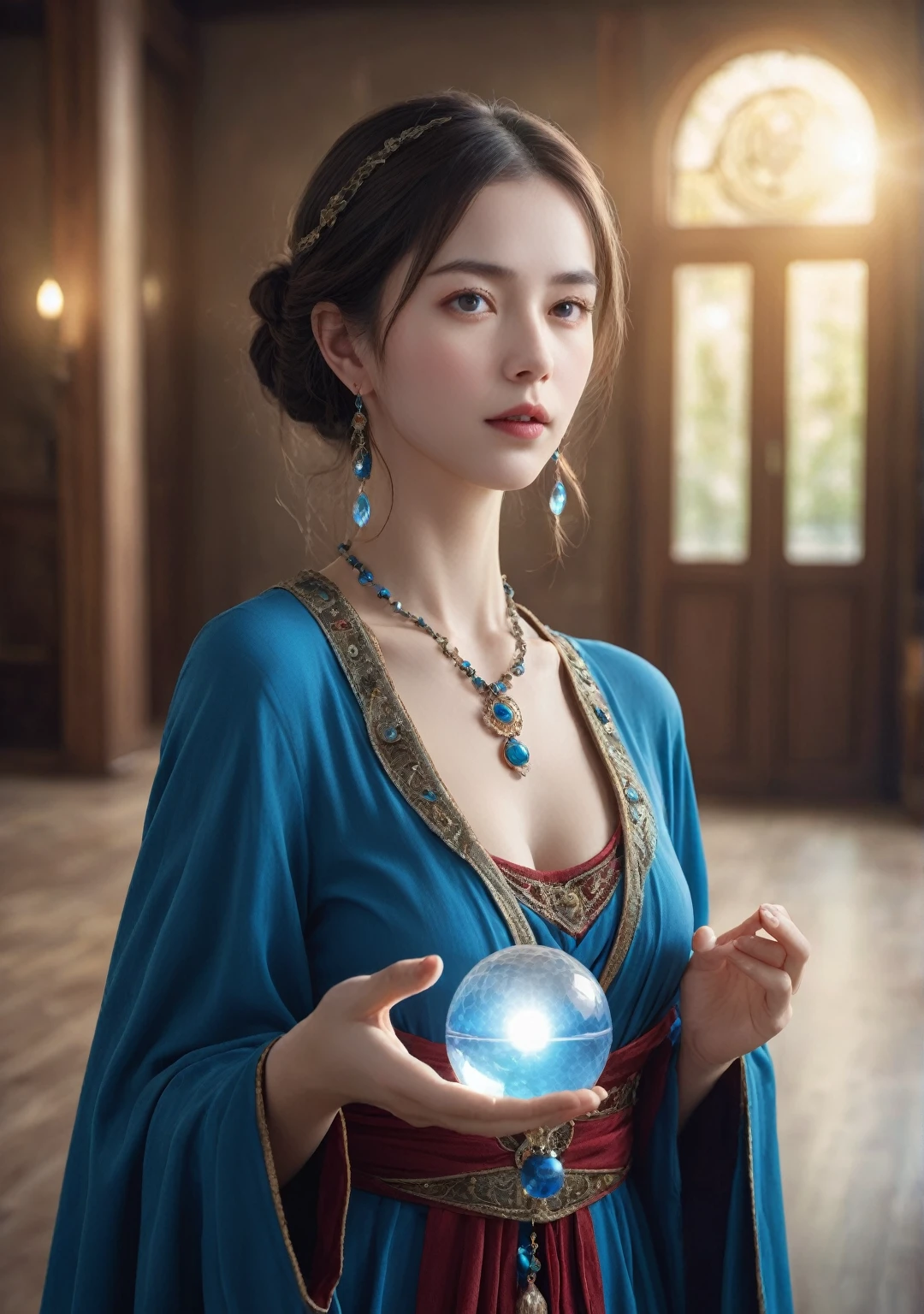 Female fortune teller. Body and face orientation: front. Charm, Beautiful and mysterious. She is wearing a blue cape、Have a clear face. The atmosphere is bright and sparkling, Filled with anxiety and anticipation. A fortune teller is standing. He has a crystal ball in his right hand. The lighting in the room is bright, Create a fantastic atmosphere. Best image quality, 4K or 8K resolution. Extremely detailed and realistic, Almost photorealistic. Artistic style is、It should reflect the formula&#39;s aesthetic with bright colors and strong contrast。. The color palette should emphasize the mysterious and mystical theme of the piece.. The fortune teller&#39;s cloak is decorated with metal trim and intricate designs.、The thickness ratio is 1.5. The overall atmosphere is starry and magical.. The fortune teller&#39;s facial expression should arouse mystical interest..