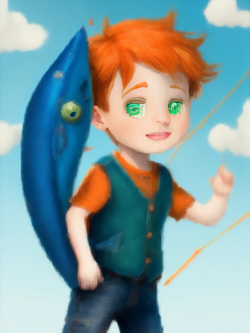 A little boy with orange hair and green eyes in a blue vest pulls a kite in the shape of a blue fish.