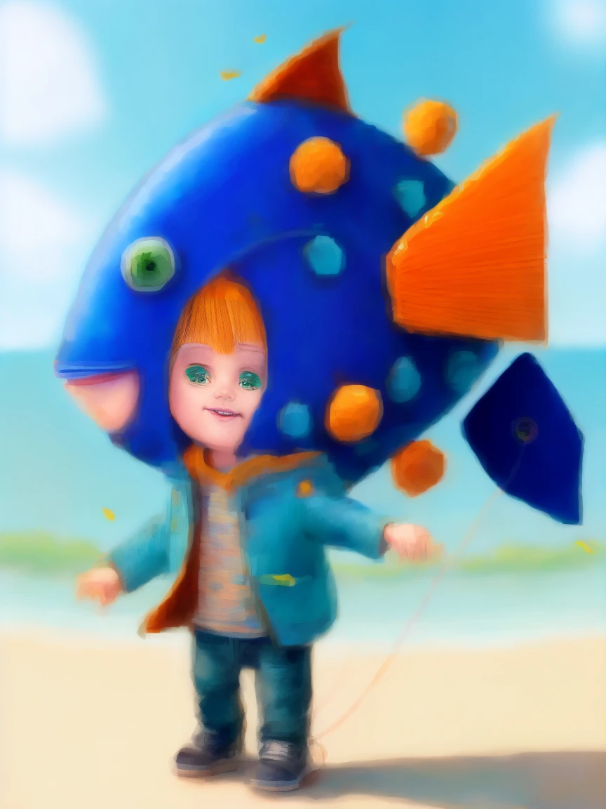 A little boy with orange hair and green eyes in a blue vest pulls a kite in the shape of a blue fish.