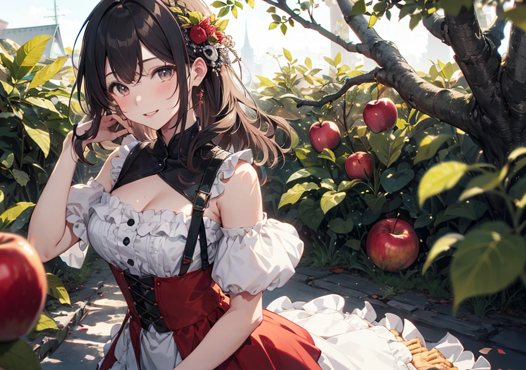 Realistic photos, Focus distance 10mm, Red and white, A big smile, Beautiful girl, Realistic photos, Focus distance 10mmで撮影, masterpiece, 最high quality, high quality, Very detailed CG 8k wallpaper unit, Award-winning photography,  Depth of written boundary, High resolution, bloom, chromatic aberration, Realistic, Very detailed, Art Station Trends, CGsociety Trends, Complex, High detail, dramatic, volumetric lighting, A beautiful girl who is an anthropomorphized apple pie。Apple-colored hair and a pie-crust dress, Apple tree in the background