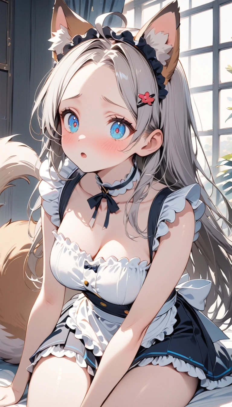 {{{masterpiece}}}, {{{best quality}}}, {{very detailed}}, {beautiful, 상세한 eye}, 1 woman, alone, ((gray hair)), very long hair, 파란 eye, (straight hair), (forehead), animal ears, (stupid ears:1.2), choker, Ahoge, canine, (large marten tail:1.2), (Blue × hairpin), (cute maid outfit), shocked, aesthetic,eye