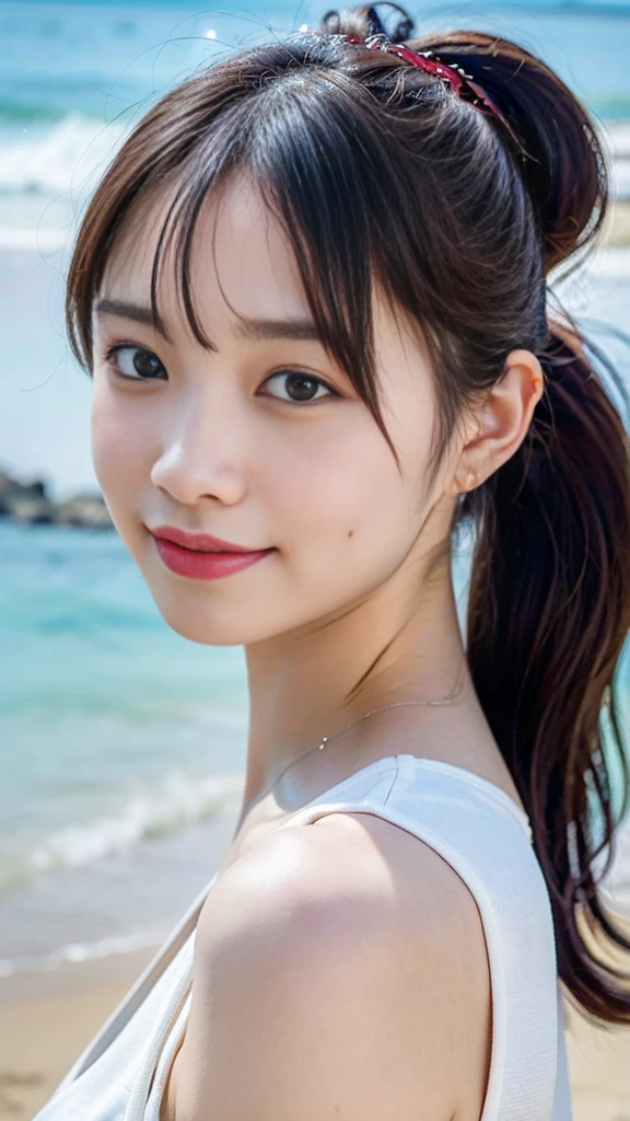((masterpiece,best quaLightingy 1.4)), (8k,RAW Photos:1.2), (Realistic,photo Realistic:1.4), Ultra-high resolution , (Highly detailed 8K wallpapers) ,Japanese Idols, Japanese actress, Japanese, very cute, Big eyes, Highly detailed eyes and face, Beautiful eyes in every detail,Glowing Skin,Portraiture,(ponytail :1.2),(smile:1.3) ,(model pose:1.2),Lighting, Sharp focus, Written boundary depth , (Dynamic Angle:1.4 ). Blur the background, bokeh, (比基尼:1.2) ,( Beach.)