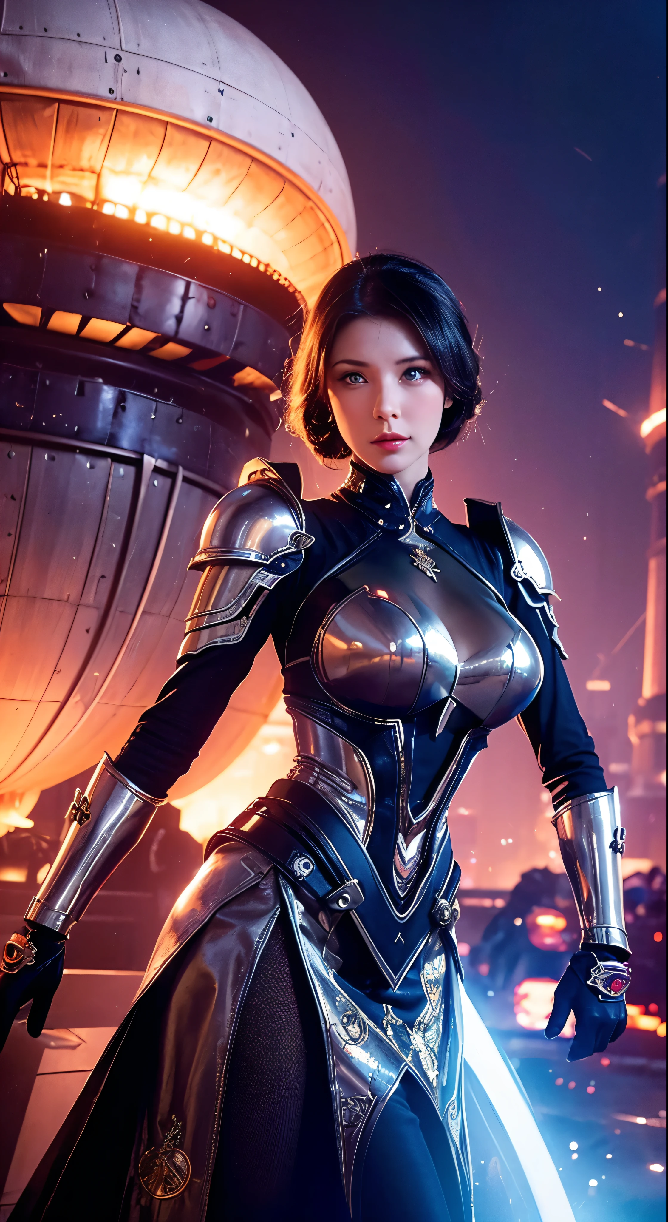 a close up of a woman in a corset dress with a bunch of people, les edwards poster art, golden and copper armor, mech, seventies, face like ester exposito, 1 9 7 0 s female alive, key frame, dollpunk, band of gold round his breasts, barbarella, metalic, mechanical, mechanical superstructure  