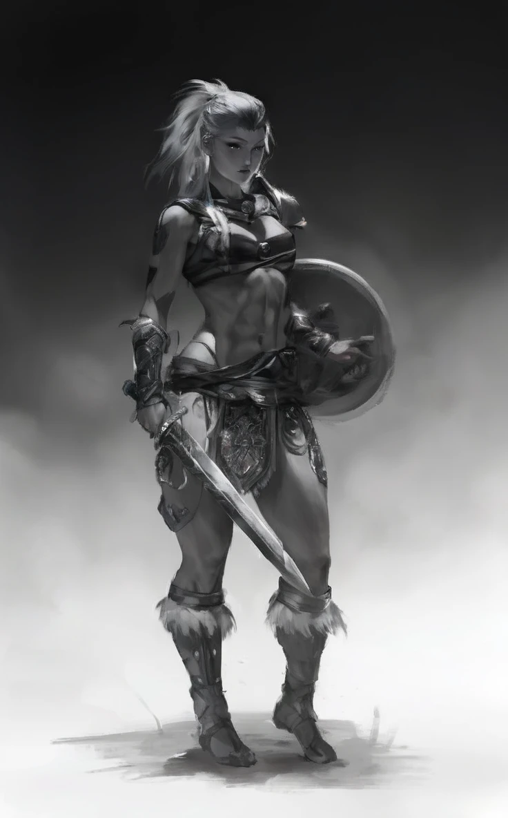 1girl, extremely detailed eyes and face, long eyelashes, pale flawless skin, intricate deep red markings, pulsating with mystical energy, glacial gray eyes, penetrating the soul, infinite wisdom, unwavering determination, cascading white hair, dramatically contrasting red tattoos, tall and slender, well-defined muscles, grace and strength, broad shoulders, powerful arms, warrior and judge, long sword with blood-red blade radiating power and justice, golden symbols glowing with inner light, golden medallion with scales symbol, crown of golden rays emanating from forehead like halo, elevated status among deities, pure of purpose, minimalistic black outfit, accentuating athletic form, revealing red markings, balance of practicality and symbolism, freedom of movement, commitment to raw truth, (best quality,8k,ultra-detailed,photo-realistic:1.37),cinematic lighting,dramatic chiaroscuro,epic fantasy art,dark fantasy,concept art,digital painting