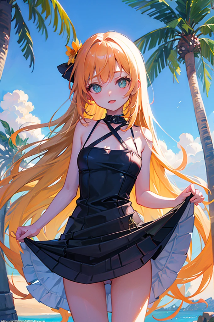 masterpiece, rich colors, Best quality, detailed, high resolution, Hyper quality, high detail, , high quality, detailing, skinny sexy girl on the beach , bright lighting , green eyes, anime, palm trees, bright lighting,