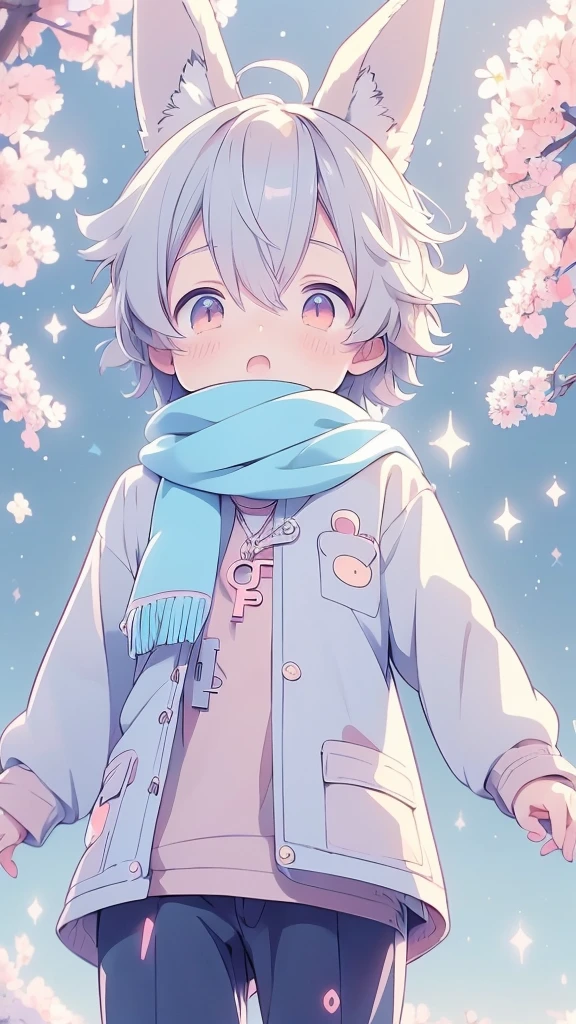 a cartoon picture of a boy with a rabbit ears and a scarf, official anime artwork, key anime visuals, key anime art, official art, anime cover, key anime visual, anime boy, cute anime, today's featured anime still, trending on artstation pixiv, anime wallaper, anime lush john 8k woods, anime background, anime wallpaper 4 k