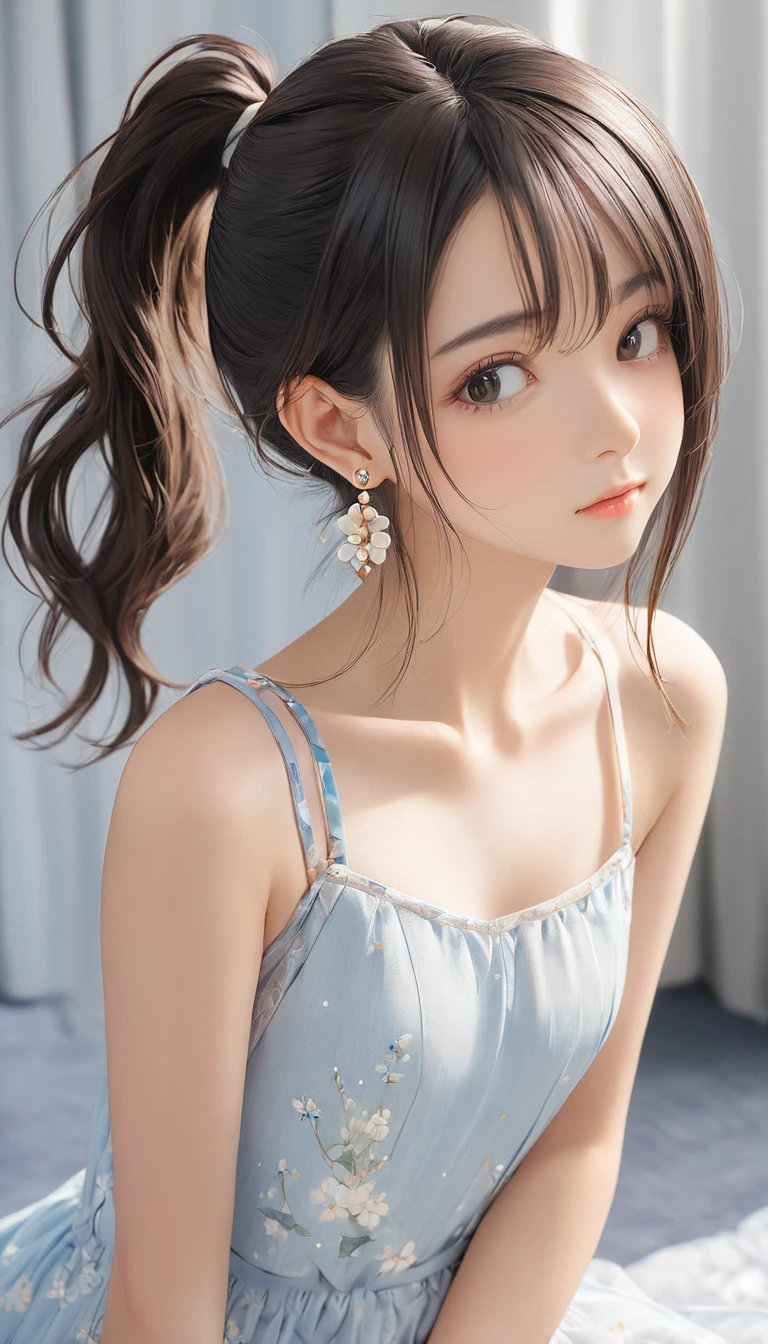 (masterpiece, Highest quality:1.2), One girl, alone,bony body、、ponytail、Earrings