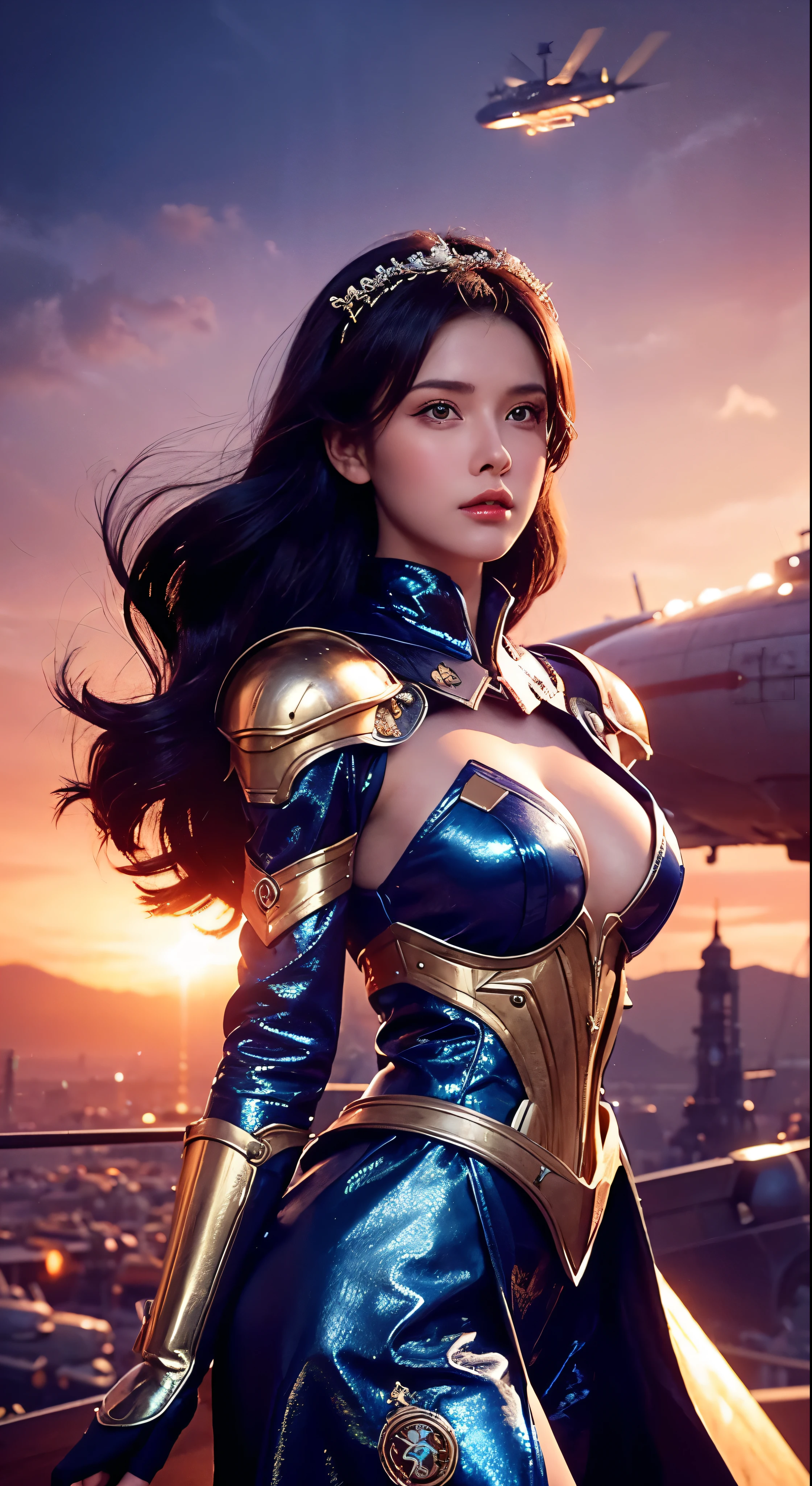 a close up of a woman in a corset dress with a bunch of people, les edwards poster art, golden and copper armor, mech, seventies, face like ester exposito, 1 9 7 0 s female alive, key frame, dollpunk, band of gold round his breasts, barbarella, metalic, mechanical, mechanical superstructure  