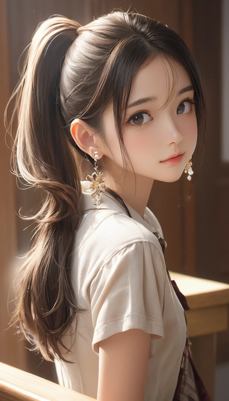 (masterpiece, Highest quality:1.2), One girl, alone,bony body、、ponytail、Earrings