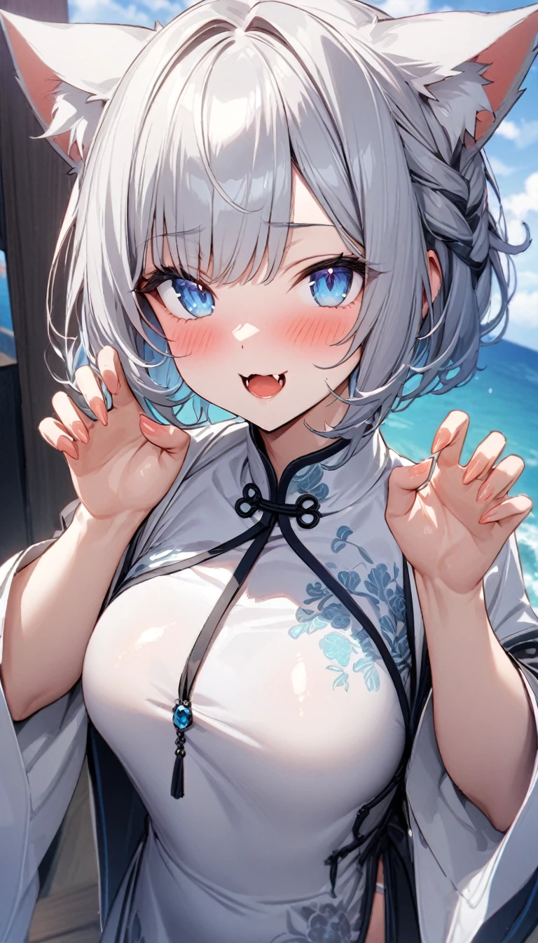 (((best quality)), ((masterpiece)), (details), masterpiece, best quality, high quality, ulutra detailed, perfect face, ((1girl, blue eyes, cat ears: 1.3 silver bob hair: 2.5,)) 、Shiny Hair、Glowing Skin、blush、Lustful look、Beautiful Kyungsi、Aodai official wearing a banknote、Chinese clothes、Claw Pose、Small fangs、blue sky、cloud、Ocean、(Splash:1.3)、