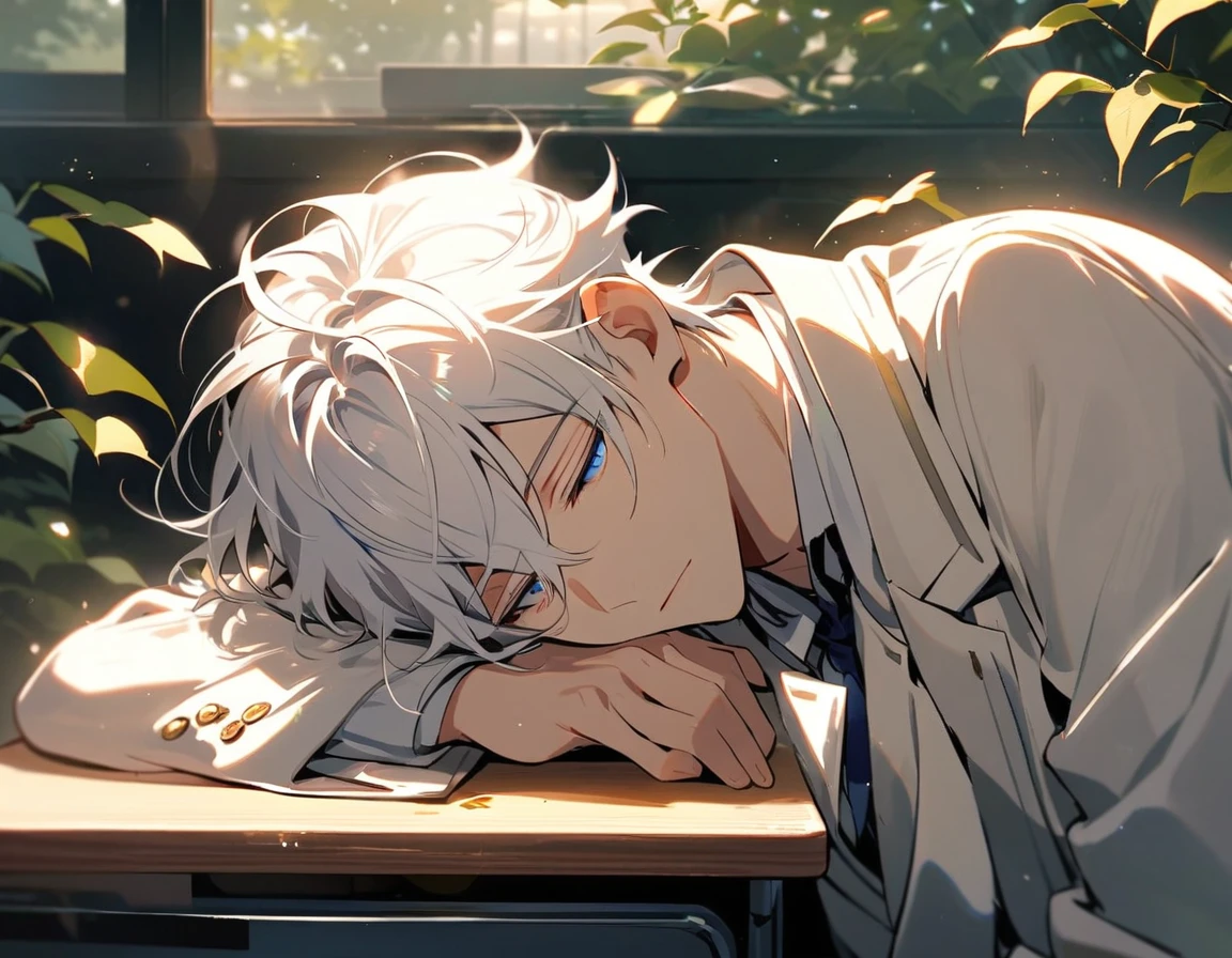 Handsome, Solitary, 1 male, White hair,  blue eyes, White shirt, Light-colored coat,Quiet face, Sleeping on the desk，The sunlight from the window shines on his face through the leaves.