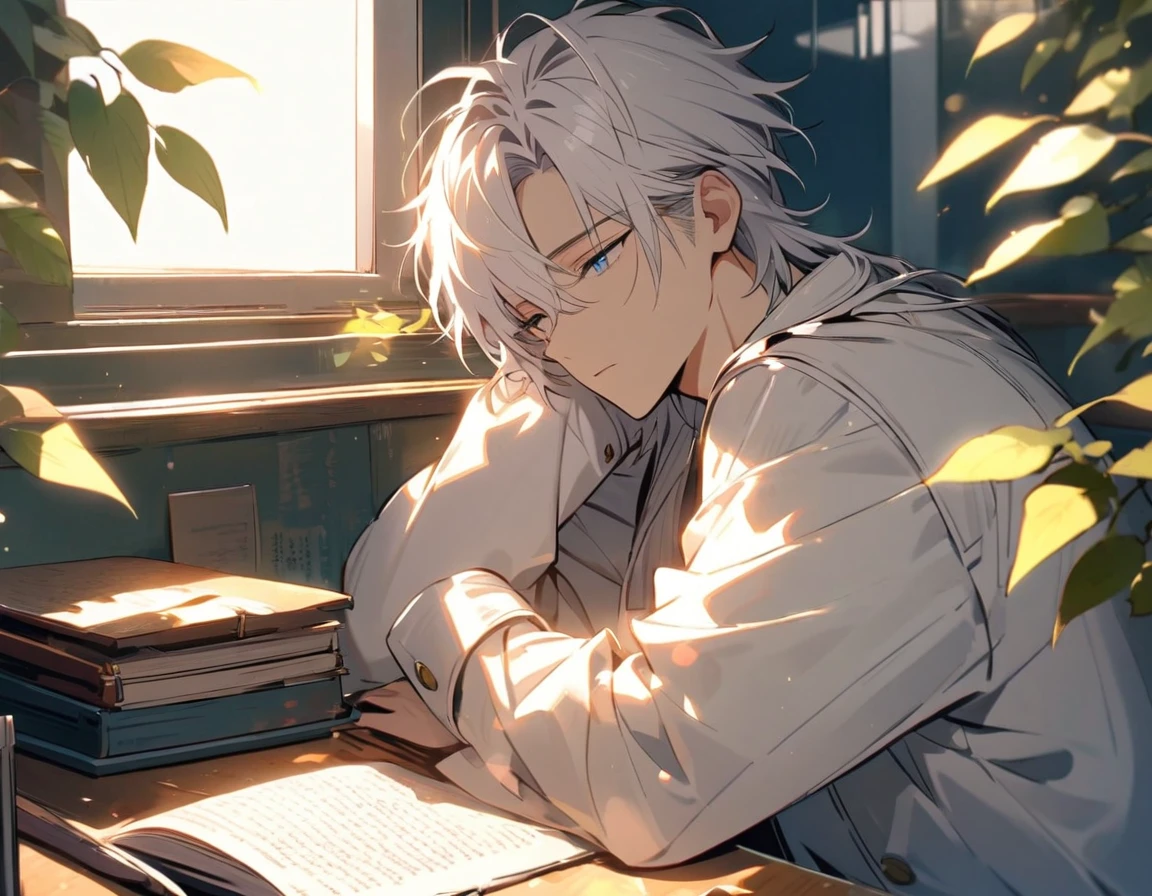 Handsome, Solitary, 1 male, White hair, blue eyes, White shirt, Light-colored coat,Quiet face, Sleeping on the desk,The sunlight from the window shines on his face through the leaves.