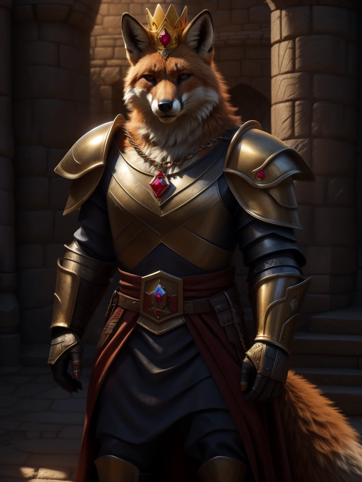 (In a varoque castle, with exterior lighting) Middle Ages, medieval imperial guard with metal armor, red fox head, (with a golden king crown), war marks, metal shoulder pads, ((necklace with a ruby)), Realistic fur, furry fox tail,