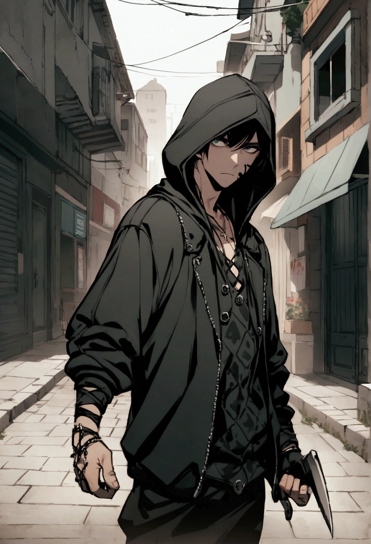 a guy ( like a member of a gang and looks like a drill guy ) with a black sweet hood, a black hood on his face where we see that these eyes in a street with a big knife in his left hand 