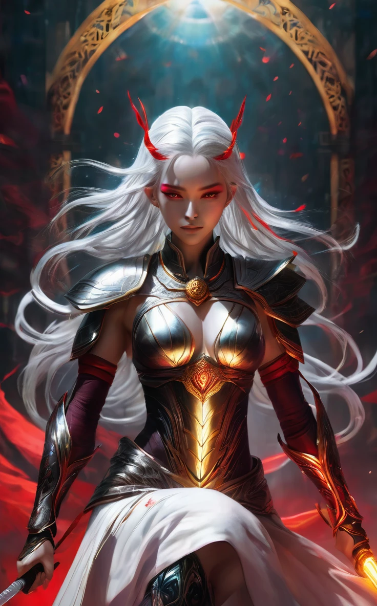 1girl, extremely detailed eyes and face, long eyelashes, pale flawless skin, intricate deep red markings, pulsating with mystical energy, glacial gray eyes, penetrating the soul, infinite wisdom, unwavering determination, cascading white hair, dramatically contrasting red tattoos, tall and slender, well-defined muscles, grace and strength, broad shoulders, powerful arms, warrior and judge, long sword with blood-red blade radiating power and justice, golden symbols glowing with inner light, golden medallion with scales symbol, crown of golden rays emanating from forehead like halo, elevated status among deities, pure of purpose, minimalistic black outfit, accentuating athletic form, revealing red markings, balance of practicality and symbolism, freedom of movement, commitment to raw truth, (best quality,8k,ultra-detailed,photo-realistic:1.37),cinematic lighting,dramatic chiaroscuro,epic fantasy art,dark fantasy,concept art,digital painting