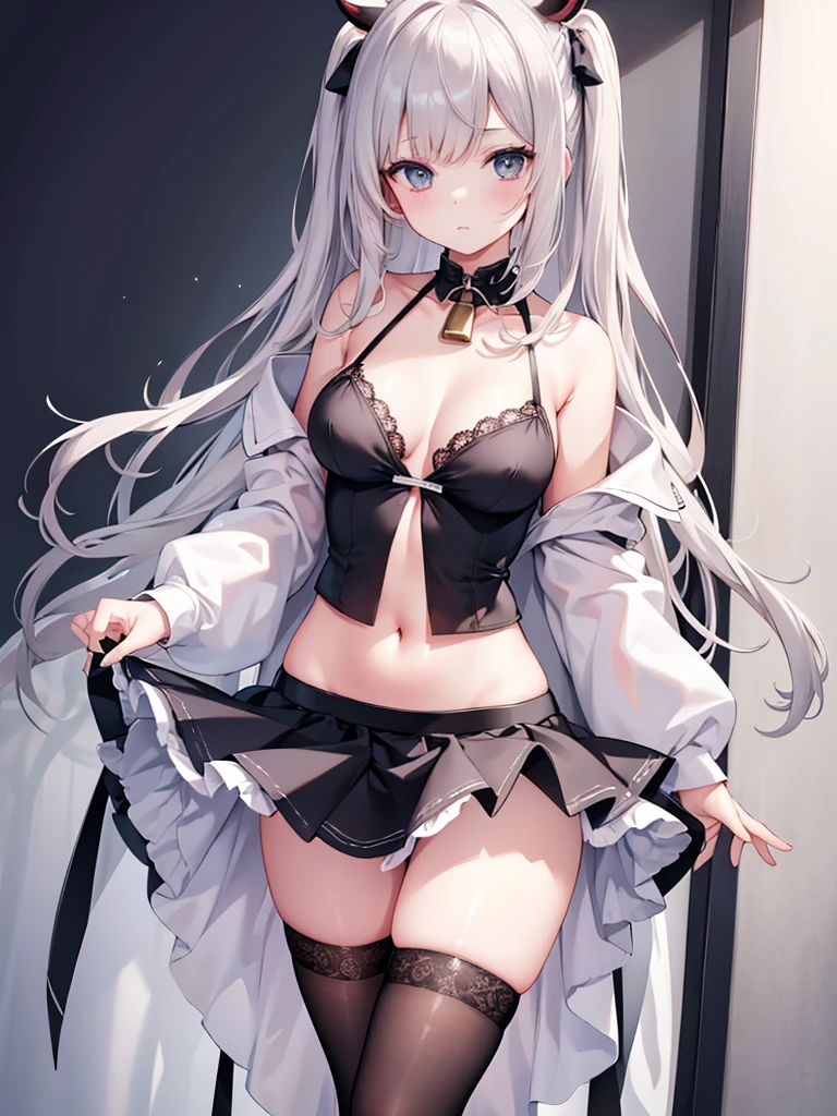 1 woman,alone,permanent,cow boy was shot,, chopping, 
layered skirt ,long sleeves,wear less clothes,black stockings, cropped shoulder, , navel, lace trimmed stockings,